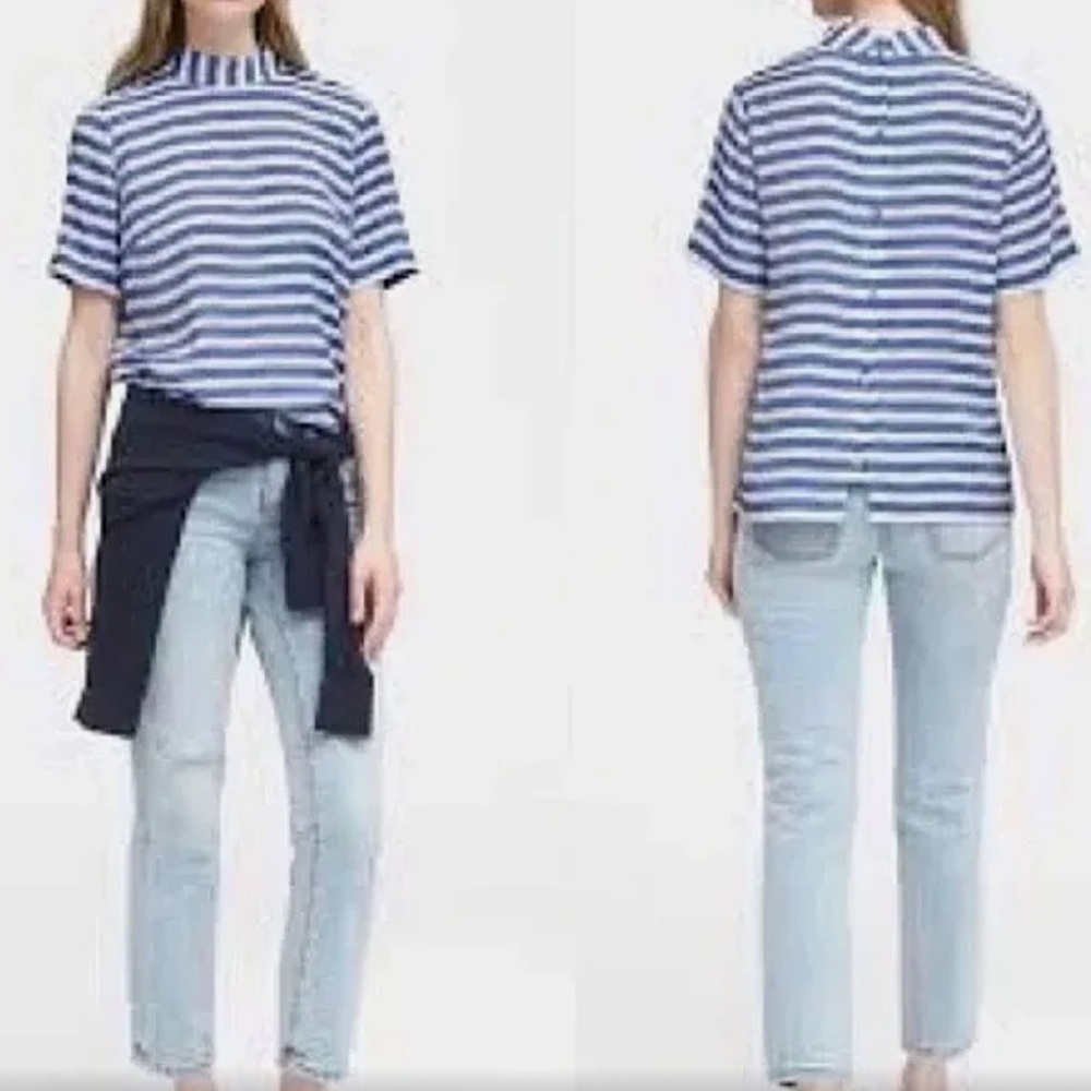 Banana Republic Silky Mock Neck Striped Short Sleeve Button back blouse